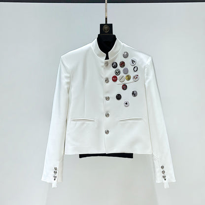 Badge Standing-Collar Short Jacket & Straight Trousers Setup WN23860