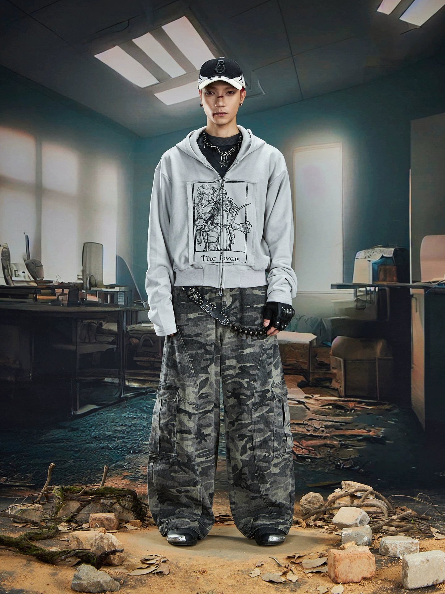 Print Short Slim Double Zipper Hoodie WN20577