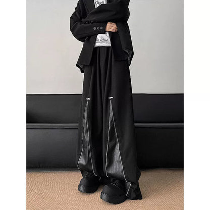 PU Leahter Mix Zipper Design Drape Baggy Trousers WN19331-K