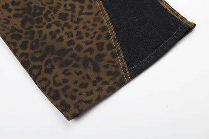 Leopard Print Curved Wide Leg Denim Jeans WN25679