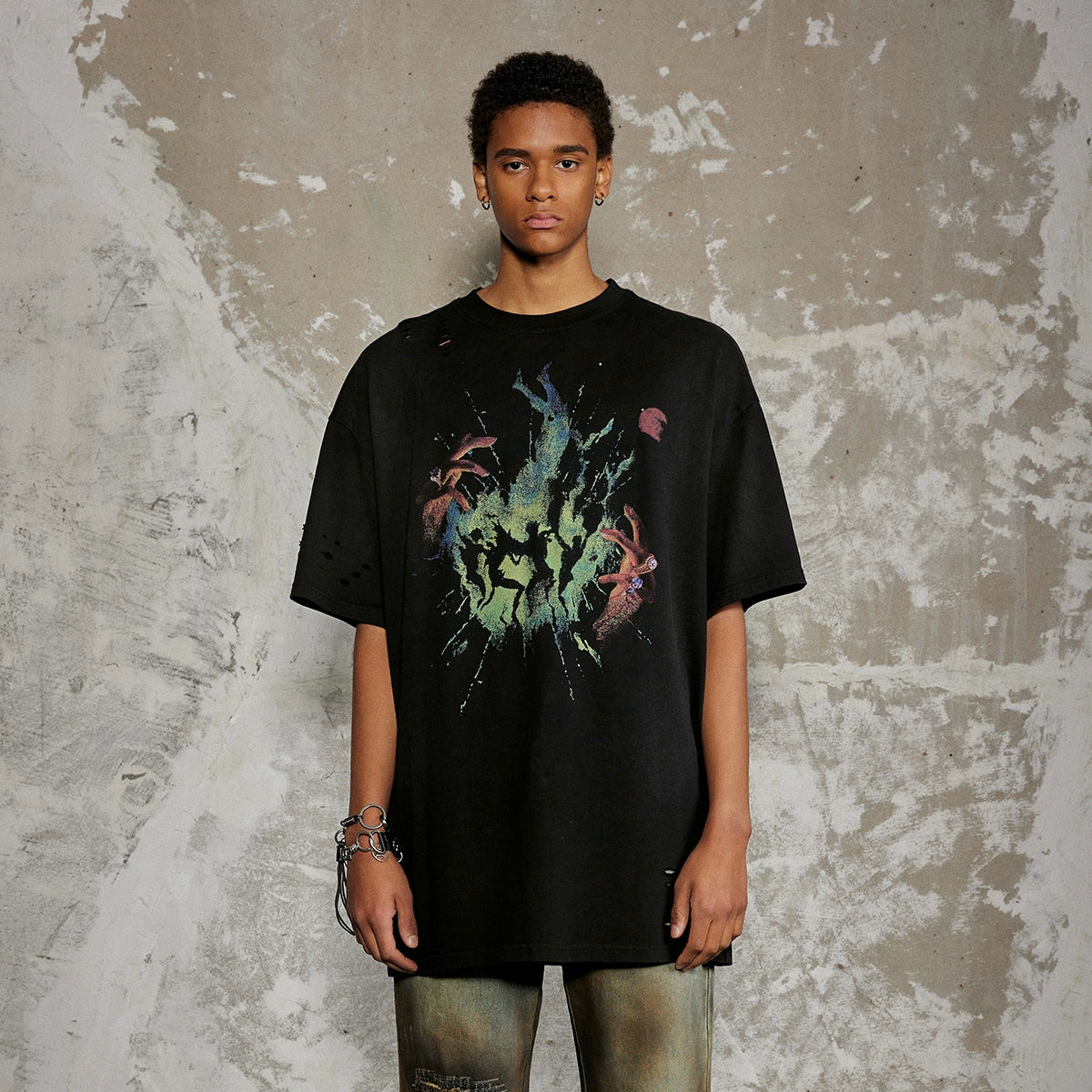Flame Pattern Dirty Wash Damage Oversize Short Sleeve T-Shirt WN17989