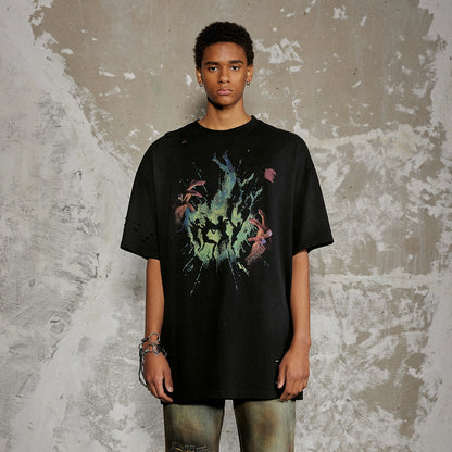 Flame Pattern Dirty Wash Damage Oversize Short Sleeve T-Shirt WN17989