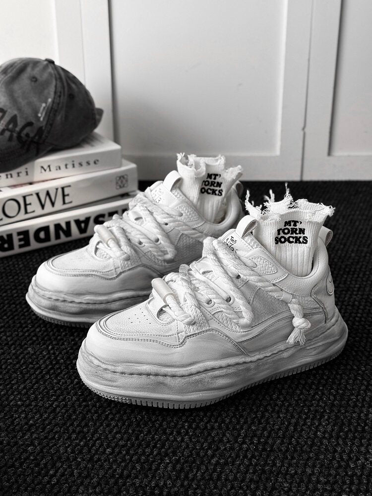 Ivory Distressed Chunky Lace-Up Sneakers WN24508