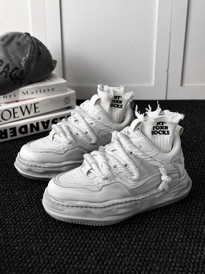 Ivory Distressed Chunky Lace-Up Sneakers WN24508