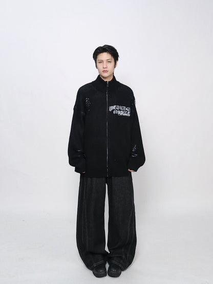 Damage Zipper High-Neck Oversize Knit Cardigan WN24422