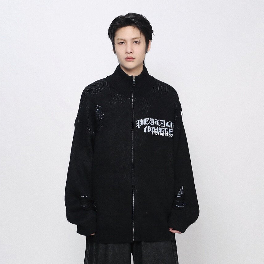 Damage Zipper High-Neck Oversize Knit Cardigan WN24422