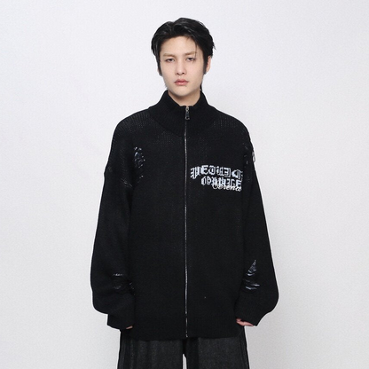 Damage Zipper High-Neck Oversize Knit Cardigan WN24422