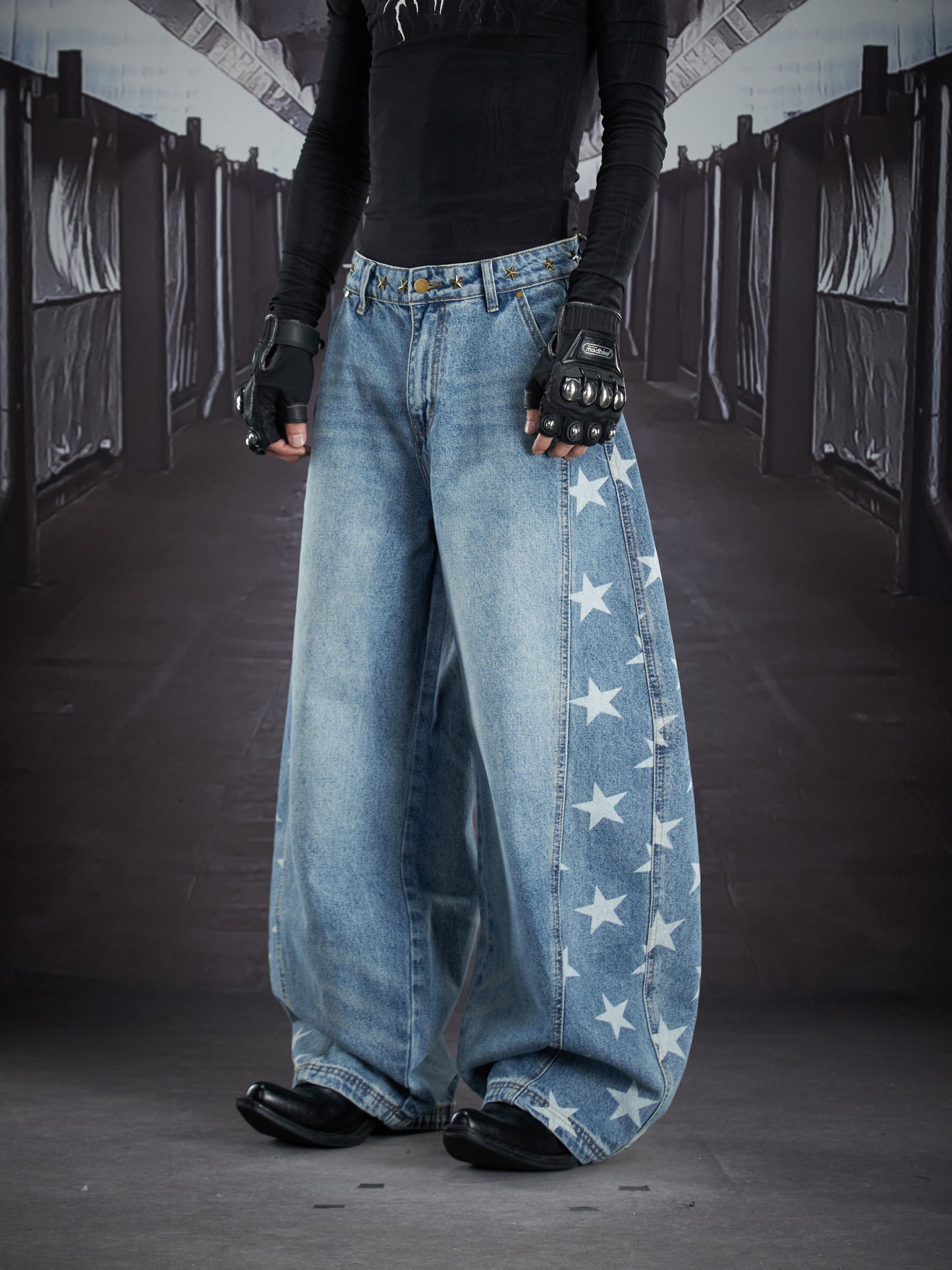 Star Print Washed Damage Wide Leg Barrel Denim Jeans WN22917