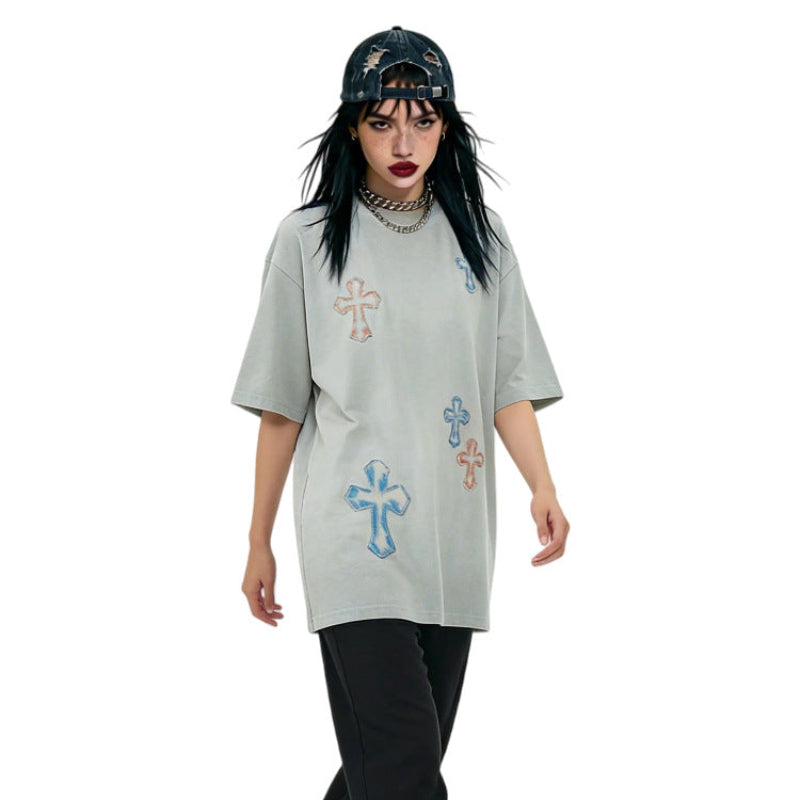 Washed Cross Applique Short Sleeve T-Shirt WN25439