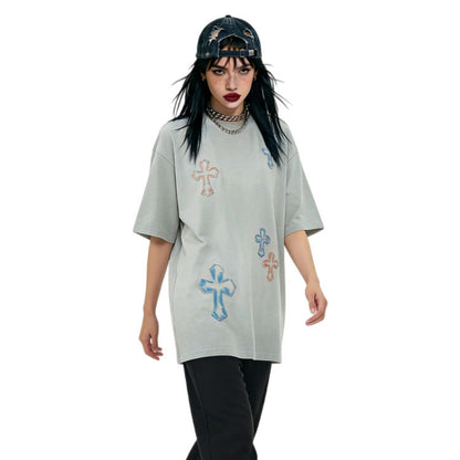 Washed Cross Applique Short Sleeve T-Shirt WN25439