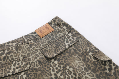 Leopard Print Multi-Pocket Wide Leg Half Pants WN25827