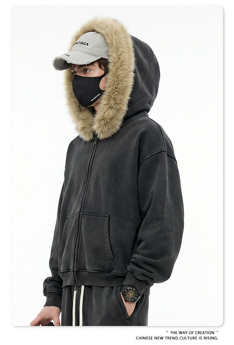 Fake Fur Collar Fleece Lining Zipper Hoodie WN23118