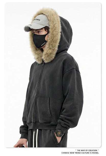 Fake Fur Collar Fleece Lining Zipper Hoodie WN23118