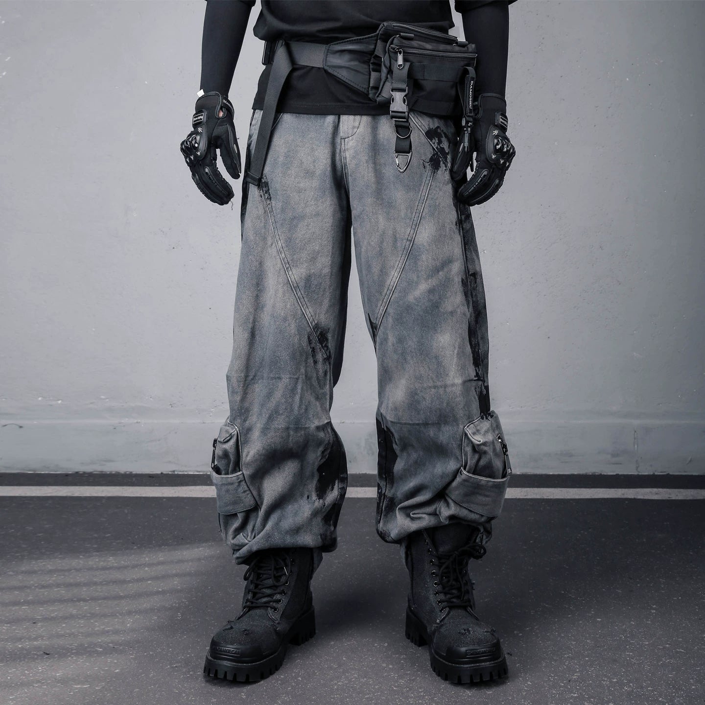 Graffiti Tie-Dye Fleece Lining Wide Leg Cargo Pants WN22463