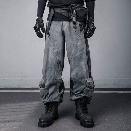 Graffiti Tie-Dye Fleece Lining Wide Leg Cargo Pants WN22463