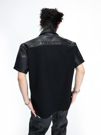 PU Leather Patchwork Embroidery Stud Short Sleeve T-Shirt WN26982