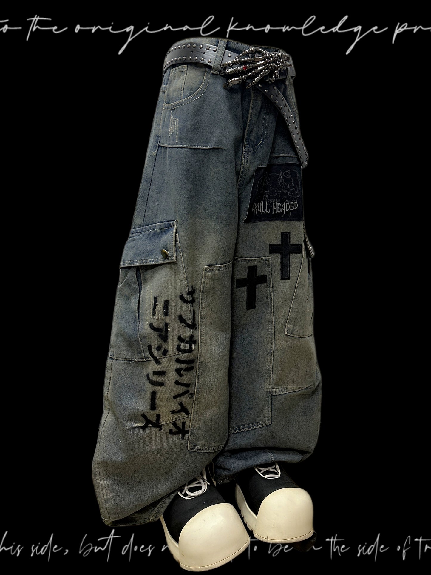Letter Print Patchwork Cargo Wide Leg Denim Jeans & Belt & Chain & Scarf WN20123