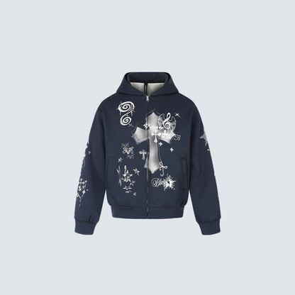 Cross Music-Note Print Drop-Shoulder Oversize Zipper Hoodie WN27937