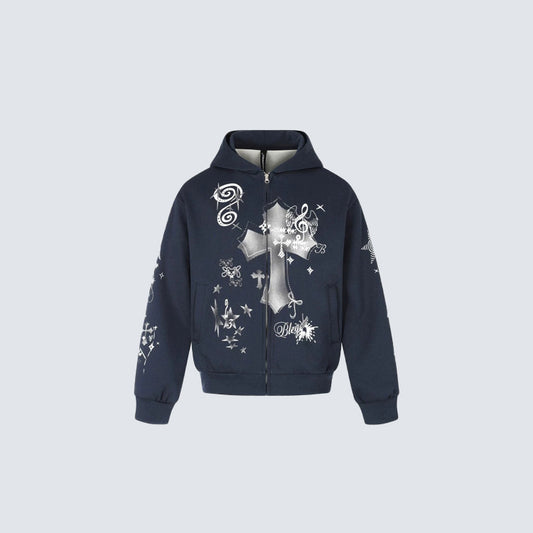 Cross Music-Note Print Drop-Shoulder Oversize Zipper Hoodie WN27937