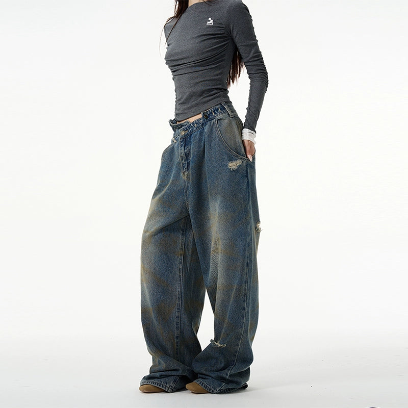 Damaged Splashed Ink Wide Leg Denim Jeans WN7936