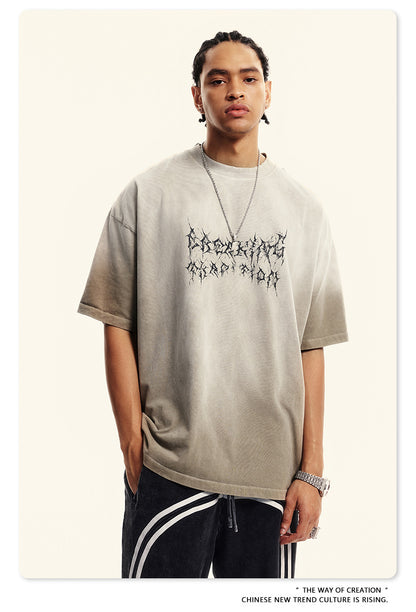 Washed Damage Print Oversize Short-sleeve T-shirt WN6400