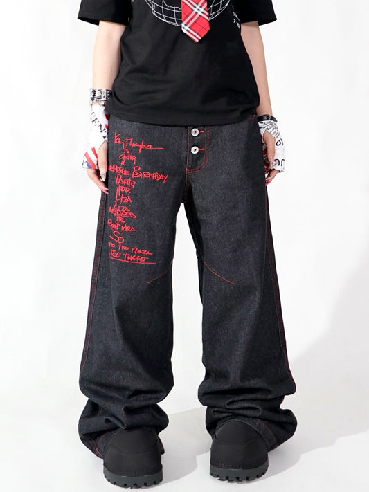 Graffiti Print Wide Leg Denim Jeans WN24110