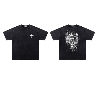 Washed Skeleton Cross Print Oversize Short Sleeve T-Shirt WN26887