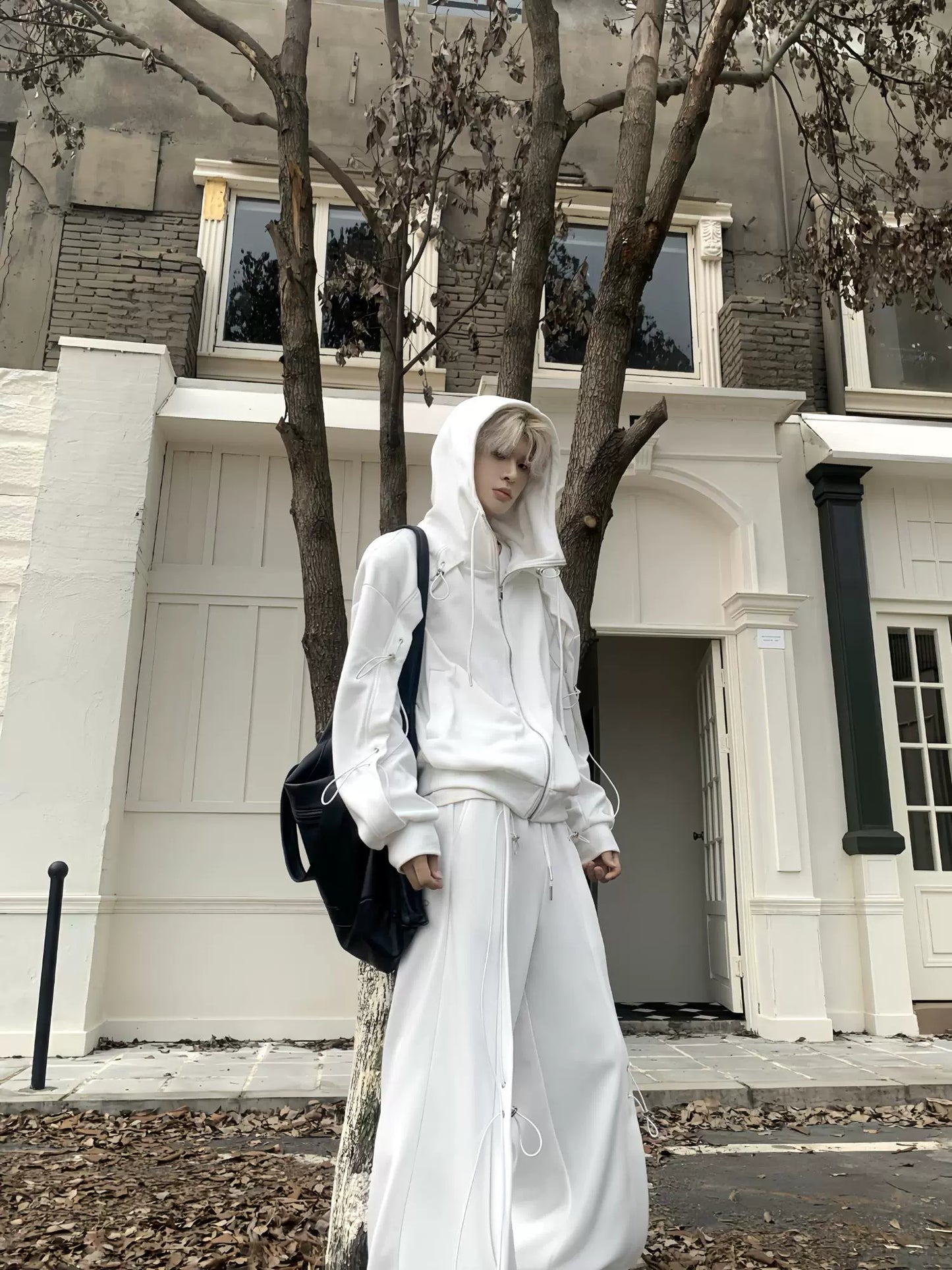 Drawstring Oversize Zipper Hoodie & Drawstring Wide Leg Sweatpants Setup WN19856