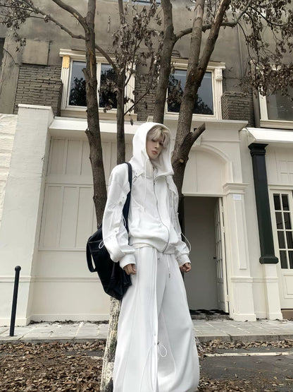 Drawstring Oversize Zipper Hoodie & Drawstring Wide Leg Sweatpants Setup WN19856