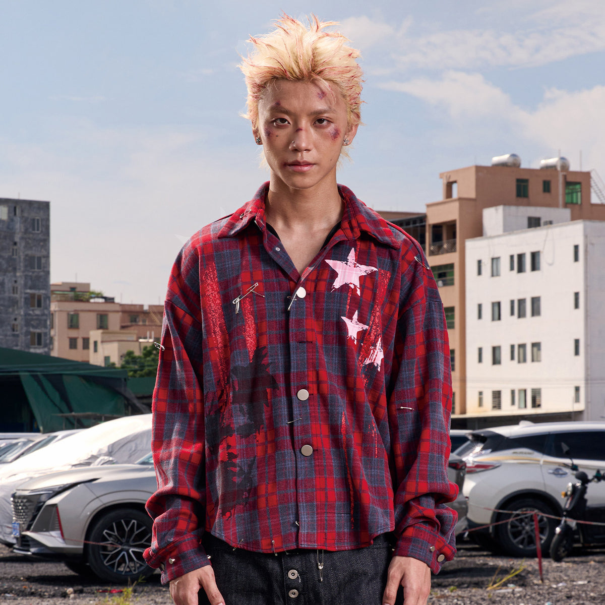 Plaid Star Print Oversize Long Sleeve Shirt WN27099