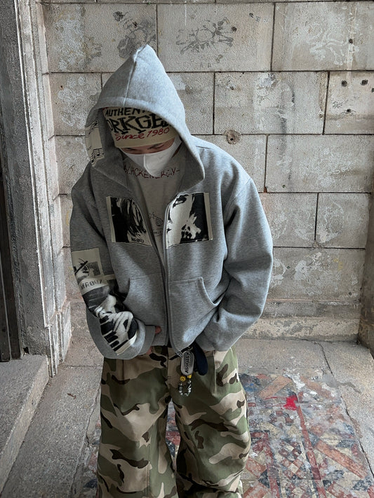Applique Print Oversize Zipper Hoodie WN24379