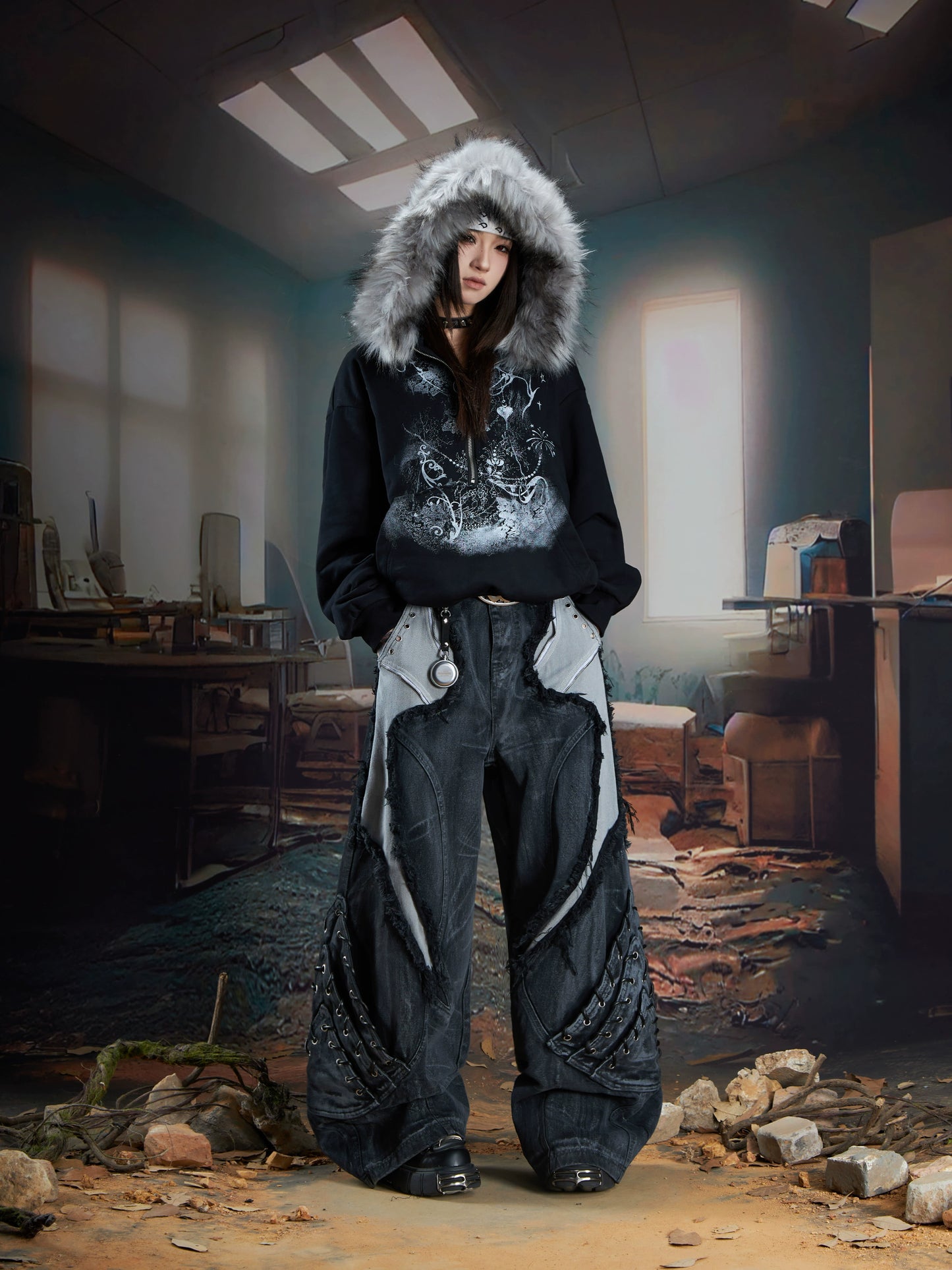 Patchwork Fringe Washed Damage Wide Leg Denim Jeans WN21354