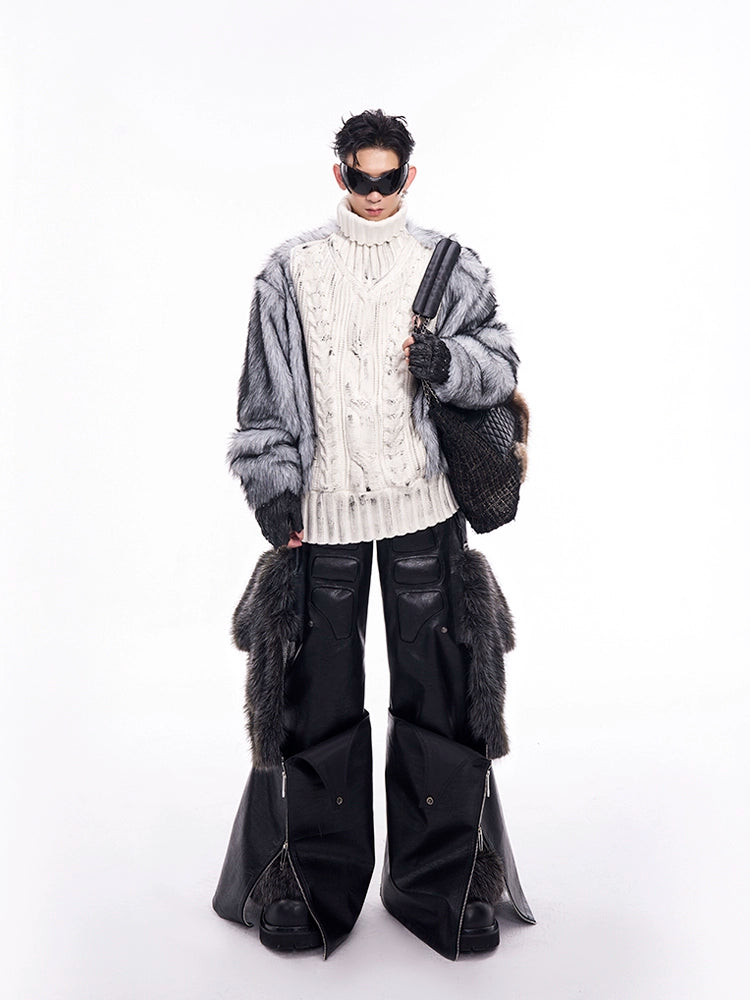 Fake Fur Patchwork High-Neck Knit Sweater WN11686