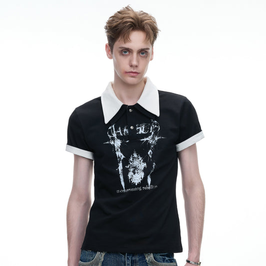 Contrast Print Double-Collar Heavyweight Short Sleeve Polo Shirt WN27034