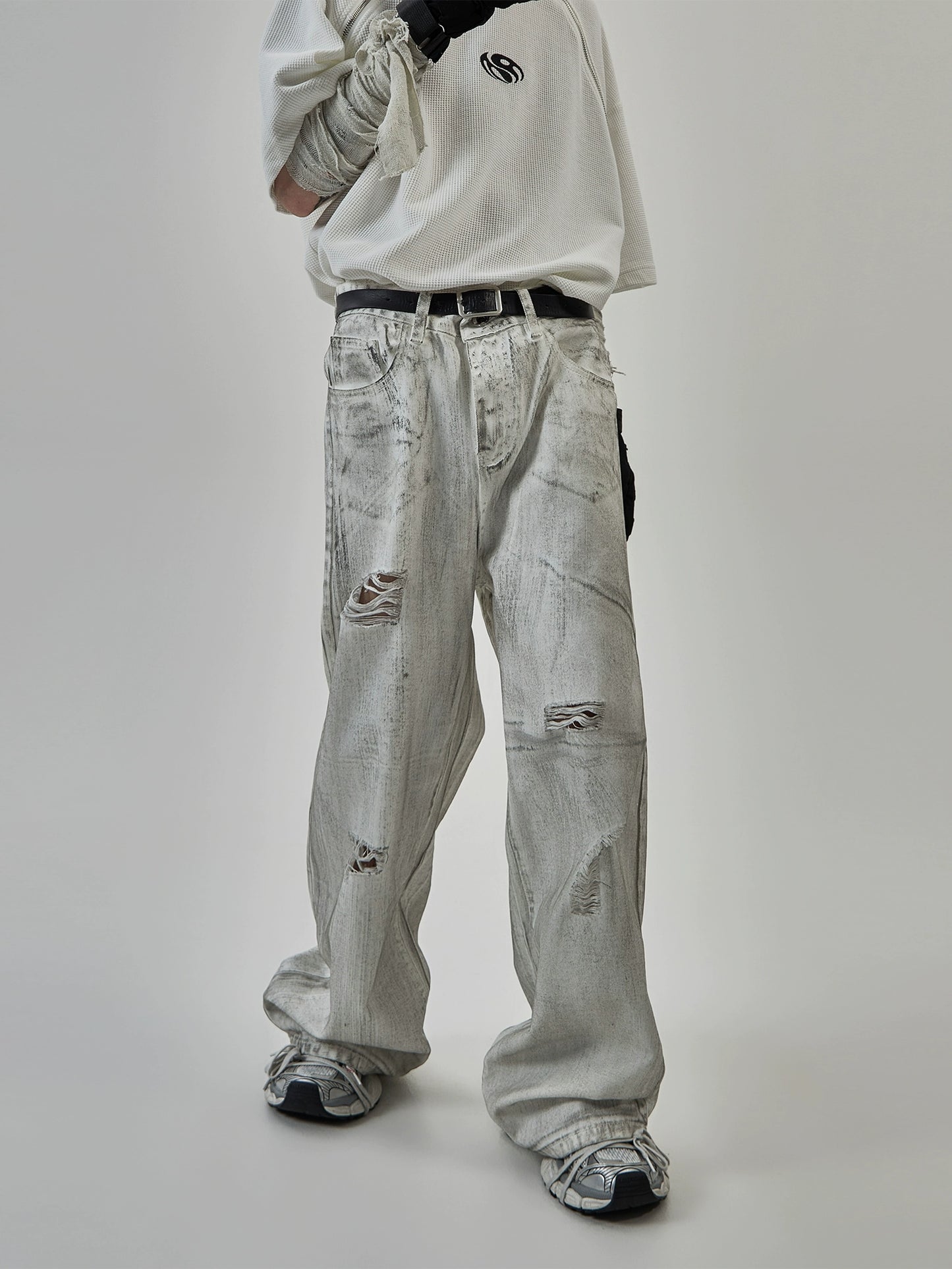 Damage Wide-Leg Straight Denim Jeans WN7001