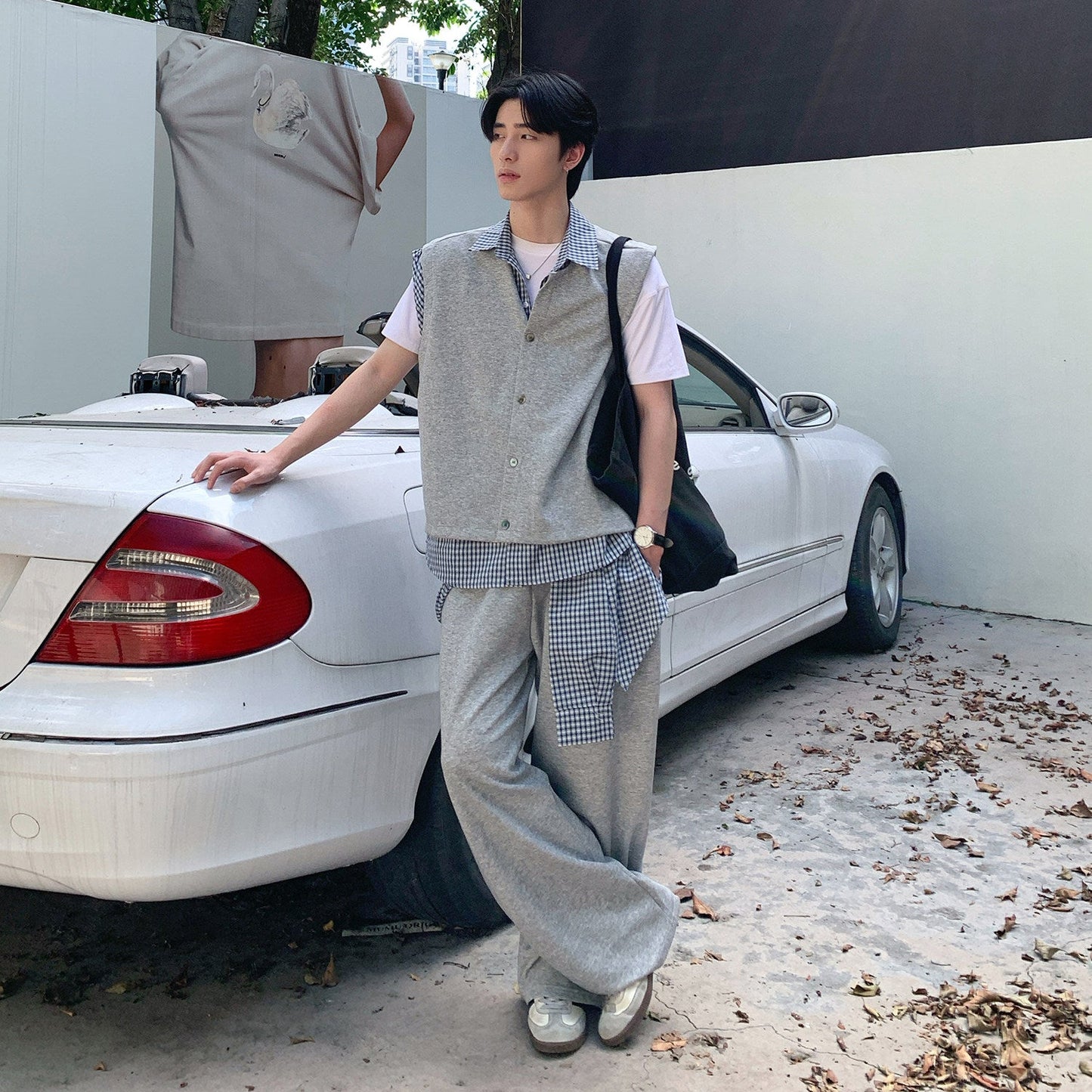 Check Layered Knit Vest & Wide Leg Sweatpants Setup WN25034