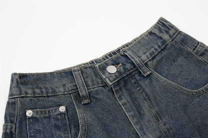 Washed Damage Multi-Pocket Curved Leg Denim Jeans WN26807