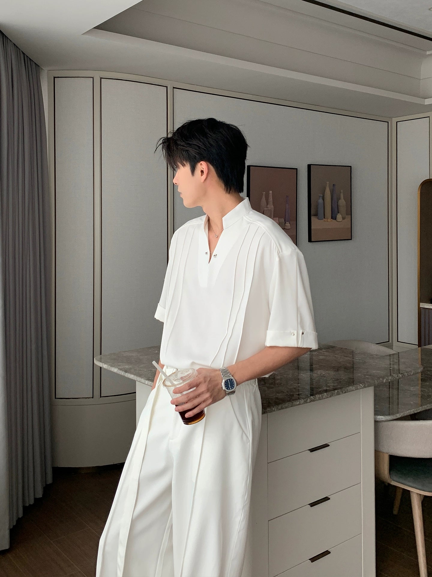 Standing Collar V-Neck Oversize Short Sleeve Polo Shirt WN20453