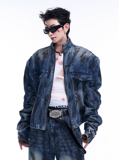 Wrinkles Sleeve Stand Neck Denim Jacket & Micro Flare Denim Jeans Setup WN8069