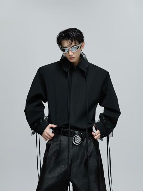 Detachable Ribbon Lace Shoulder-Pad Long Sleeve Shirt WN21713