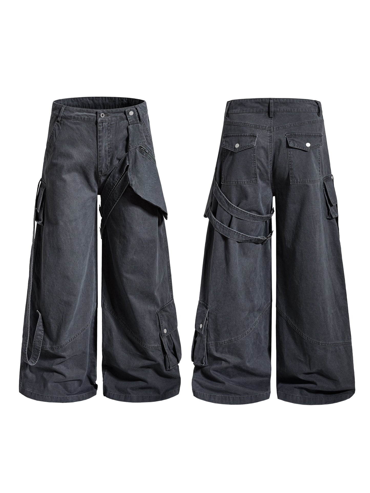 Detachable Hip Bag Ribbon Patchwork Multi Pocket Straight Cargo Pants WN22915