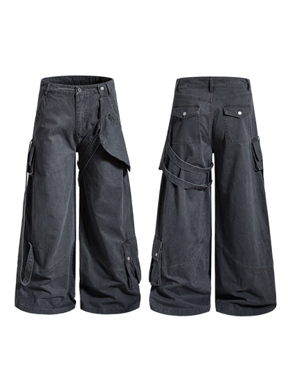 Detachable Hip Bag Ribbon Patchwork Multi Pocket Straight Cargo Pants WN22915