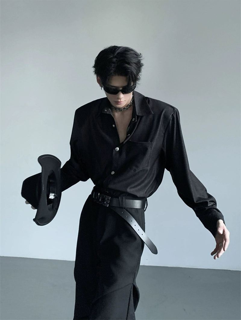 Studs Button Design Shoulder-Pad Long Sleeve Shirt WN20053