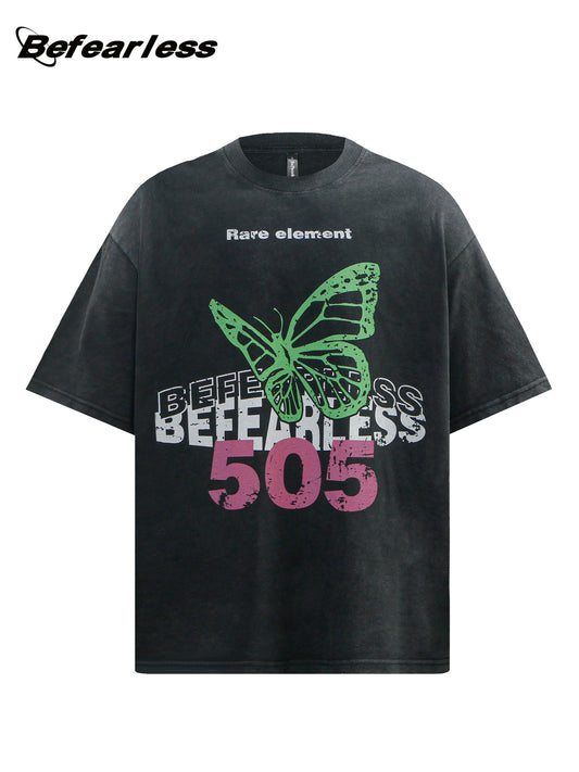 Washed Butterfly Graphic Letter Print Short Sleeve T-Shirt WN26273