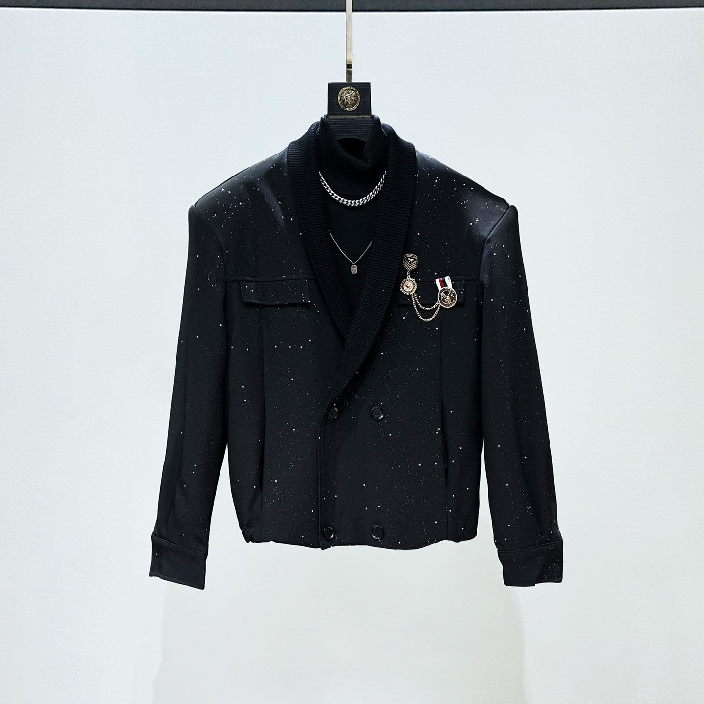 Foil Star Pattern Double Breasted Short Jacket & Flare Pants Setup WN23927