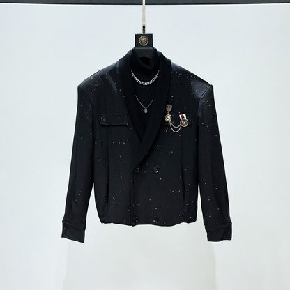 Foil Star Pattern Double Breasted Short Jacket & Flare Pants Setup WN23927