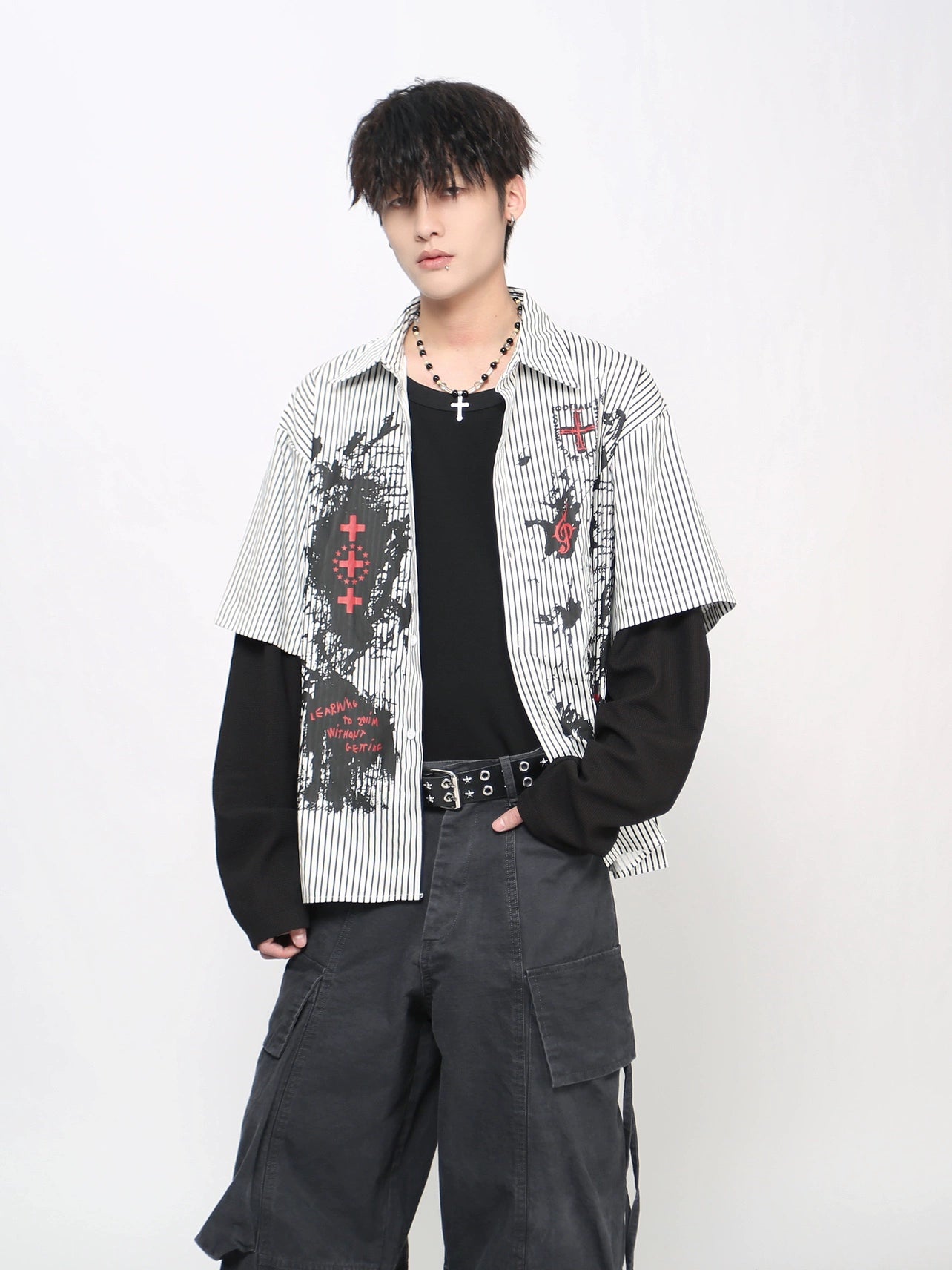 Graffiti Gothic Print Fake Layered Long Sleeve Shirt WN21028