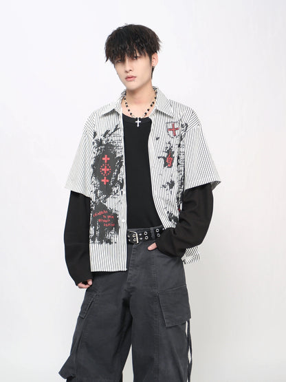Graffiti Gothic Print Fake Layered Long Sleeve Shirt WN21028