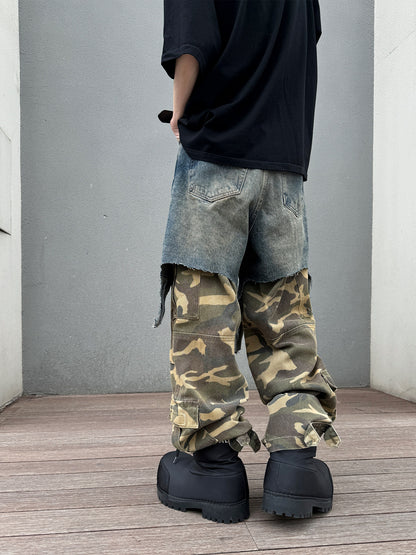 Camouflage Fake Layered Damage Wide Leg Denim Jeans WN22947