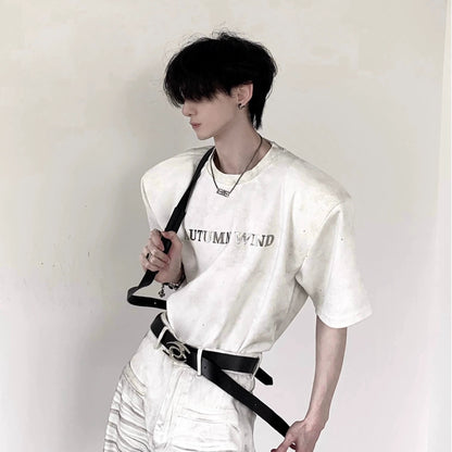 Metal Design Shoulder-Pad Short Sleeve T-Shirt WN20337